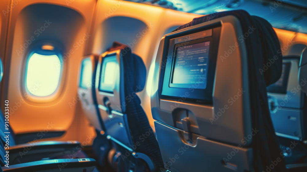 Rows of airplane seats glow softly under ambient lighting, with entertainment screens ready for travelers. Rows of airplane seats glow softly under ambient lighting, with entertainment screens ready for travelers.