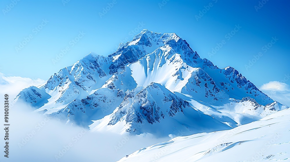 Obraz premium Snow-covered mountain peak against a clear blue sky, ideal for travel, adventure, or winter-themed content showcasing natural beauty and outdoor activities,