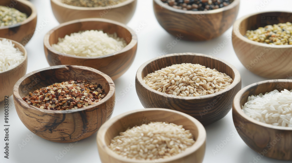 A diverse collection of various grains, seeds, and spices beautifully displayed in rustic wooden bowls, evoking a sense of culinary diversity and natural appeal. A diverse collection of various grains, seeds, and spices beautifully displayed in rustic wooden bowls, evoking a sense of culinary diversity and natural appeal.