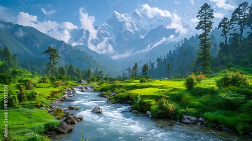 A picturesque valley with a serene river flowing through lush green meadows, vibrant flowers, and towering snow-capped mountains ideal for websites or brochures related to travel, nature