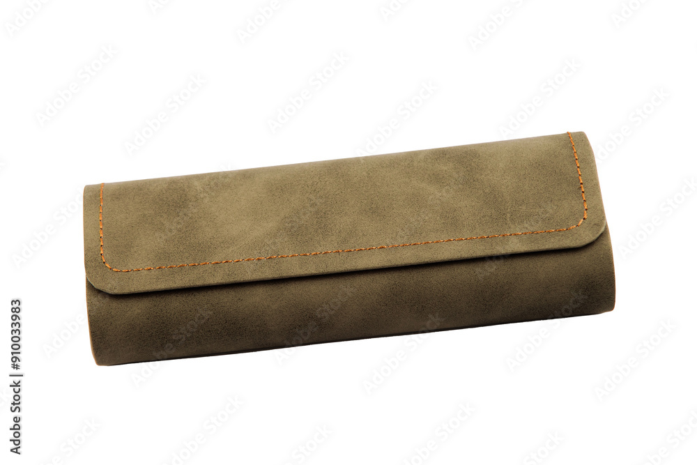 Case for glasses. Glasses in a leather storage case. Magnetic cover. lie horizontally. on an isolated white background. Close-up. space for text. Case for glasses. Glasses in a leather storage case. Magnetic cover. lie horizontally. on an isolated white background. Close-up. space for text.