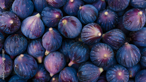 A close-up of numerous figs, showcasing their rich blue and purple hues, meticulously arranged to create a striking visual texture and depth.