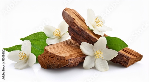 sandalwood and sandalwood powder, Jasmine flowers with green leaves isolated on a white background. isolated  