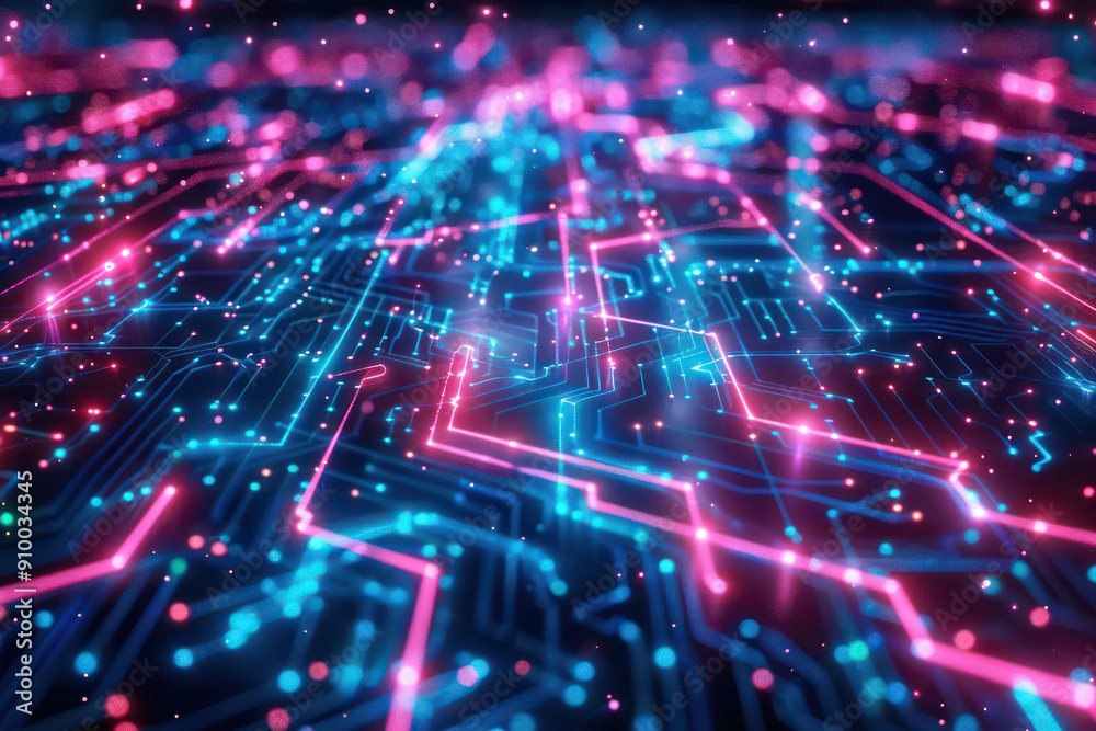 Fototapeta premium High-tech encryption visualized as a complex maze of glowing lines and nodes, symbolizing secure data paths. Virtual world of data and technology. Concept AI futuristic technology, innovation