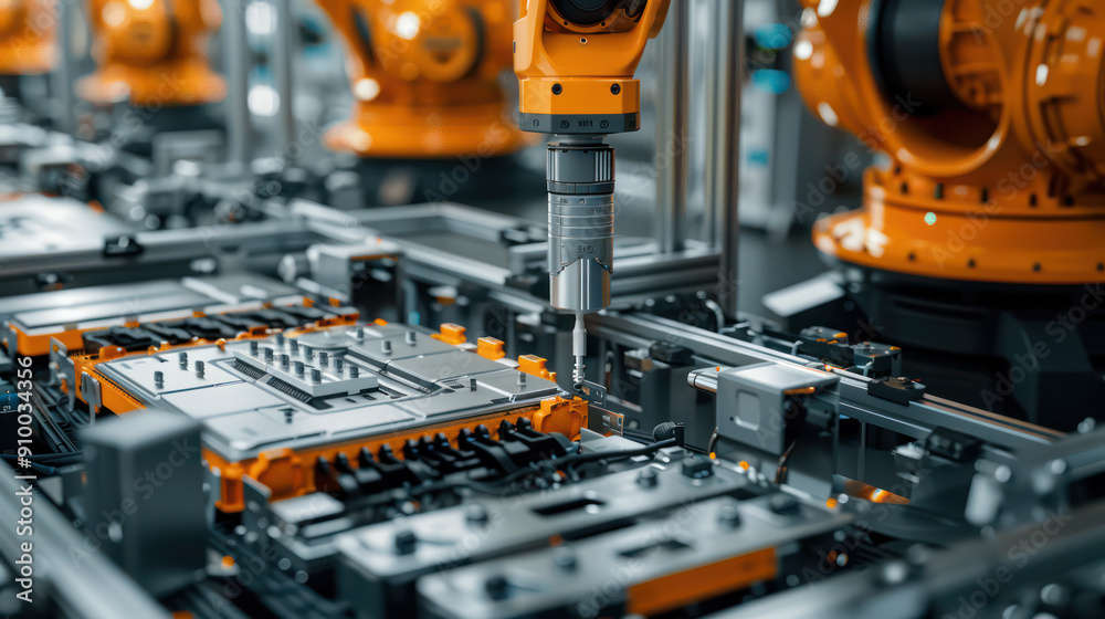A high-tech production line with robotic arms mounted on an electric vehicle battery pack. The focus is on the components being placed. Modern Electric Car Smart Factory. A high-tech production line with robotic arms mounted on an electric vehicle battery pack. The focus is on the components being placed. Modern Electric Car Smart Factory.