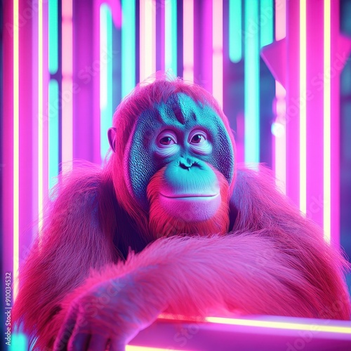 Bornean Orangutan in neon-lit forest, cyberpunk, bright contrasting colors, 3D rendering, focused on facial expression, Magazine Photography photo