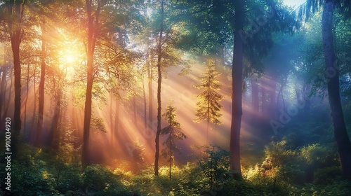 Sunbeams Through the Mystic Forest: A serene and ethereal landscape of sunlight filtering through ancient trees, casting an otherworldly glow on the forest floor. 