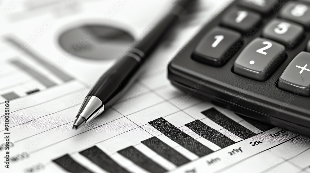 Black pen and calculator on financial reports with graphs and charts. Business analysis, accounting, and income statistics concept. Black pen and calculator on financial reports with graphs and charts. Business analysis, accounting, and income statistics concept.