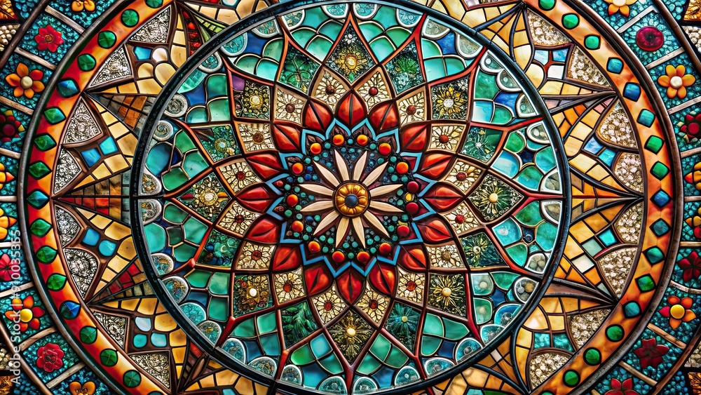 Stained glass mosaic of a mandala with intricate patterns and spiritual symbolism, mandala, stained glass, mosaic Stained glass mosaic of a mandala with intricate patterns and spiritual symbolism, mandala, stained glass, mosaic
