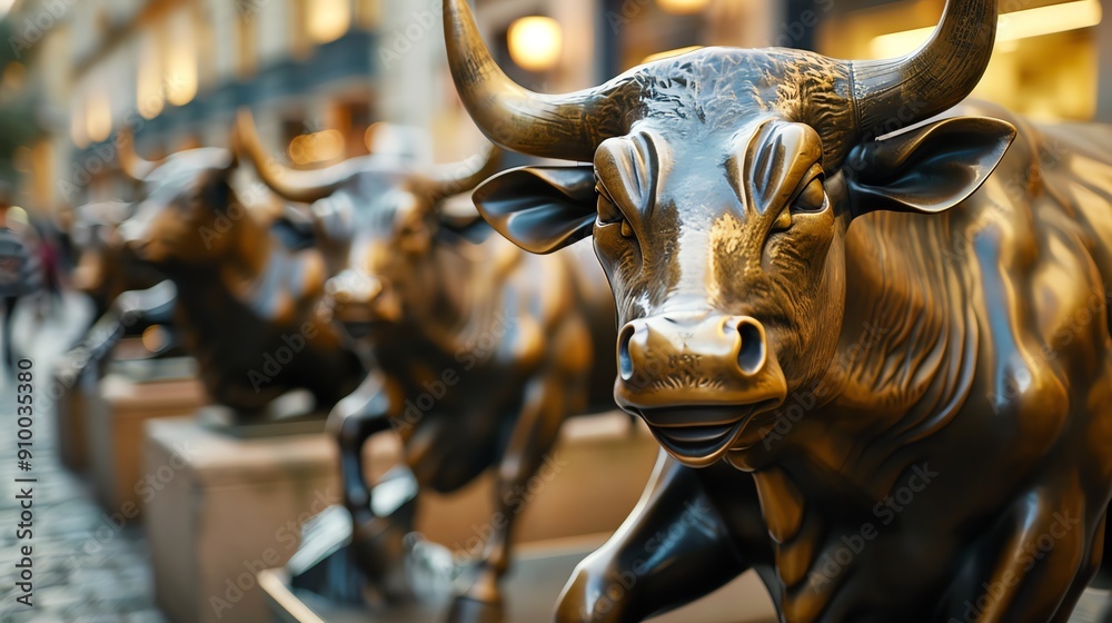 Close-up of a bronze bull statue in a row, symbolizing strength and determination in a busy marketplace setting. Close-up of a bronze bull statue in a row, symbolizing strength and determination in a busy marketplace setting.