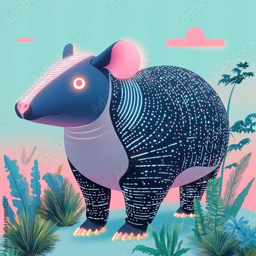 Malayan Tapir in holographic jungle, futuristic, vibrant tones, illustration, blending reality and technology, minimalism photo