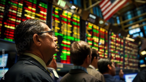 Businessmen at a stock market trading floor, focused on large electronic boards displaying financial data under the American flag.