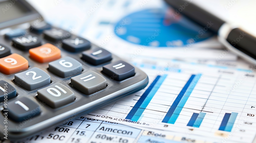 Close-up of calculator, pen, and financial documents featuring bar graphs. Ideal for business, finance, accounting, data analysis contexts. Close-up of calculator, pen, and financial documents featuring bar graphs. Ideal for business, finance, accounting, data analysis contexts.