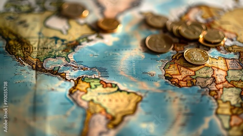 Close-up of a world map with coins scattered on it, symbolizing global economy, travel, and international finance concepts.
