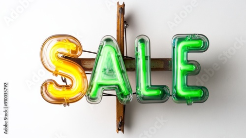 Bright neon sale sign in yellow and green colors on a white background, perfect for advertising and promotional material. photo