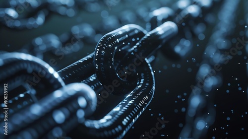 Close-up of metal chain links in a dark, moody setting, emphasizing strength, connection, and durability, with a shallow depth of field. photo