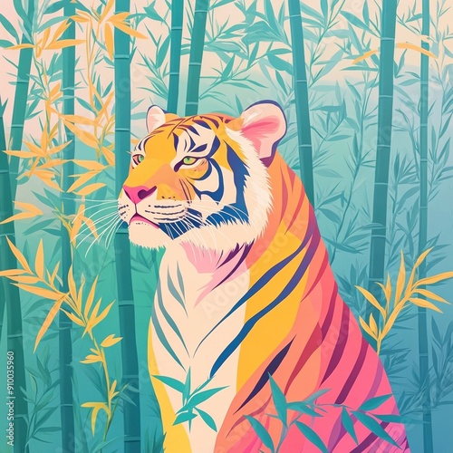 South China Tiger in bamboo forest, vibrant pop art, bright contrasting colors, illustration, abstract background, Magazine Photography
