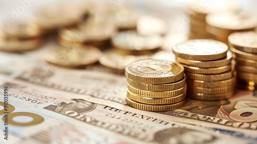 Close-up of stacks of golden coins and scattered banknotes, representing wealth, financial success, and currency exchange.