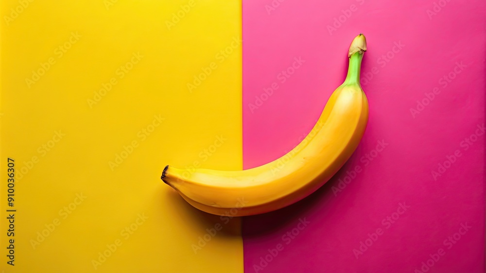 A ripe banana set on a vibrant yellow and pink background, banana, ripe, fruit, yellow, pink, surface, background, tropical A ripe banana set on a vibrant yellow and pink background, banana, ripe, fruit, yellow, pink, surface, background, tropical