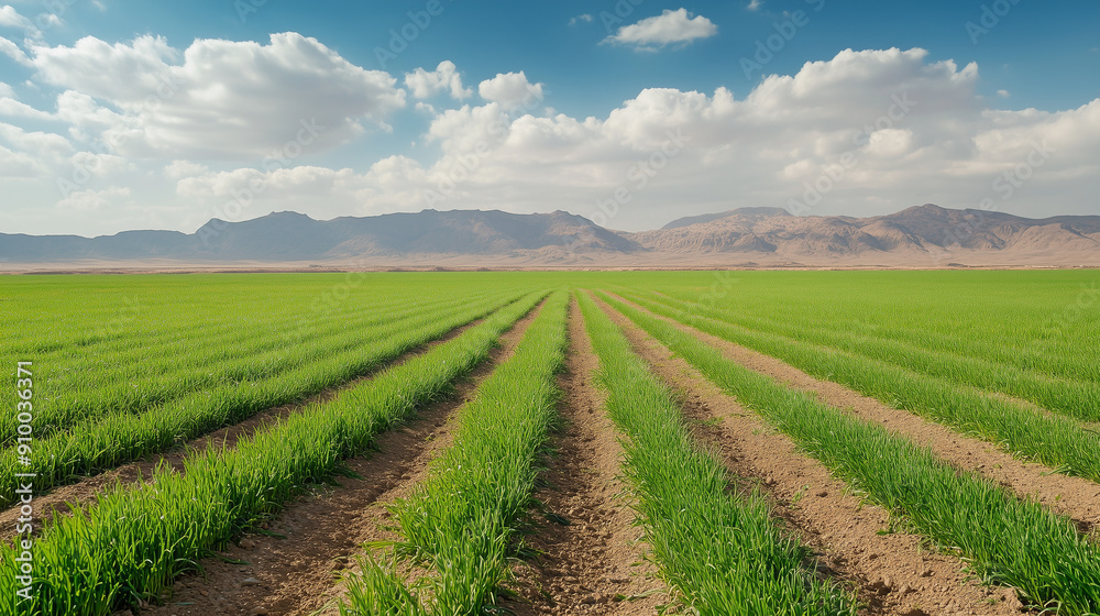 A view of a wide field of green onions in the desert landscape of the Middle East. The intense green of the plants contrasts with the vast, arid terrain. A view of a wide field of green onions in the desert landscape of the Middle East. The intense green of the plants contrasts with the vast, arid terrain.