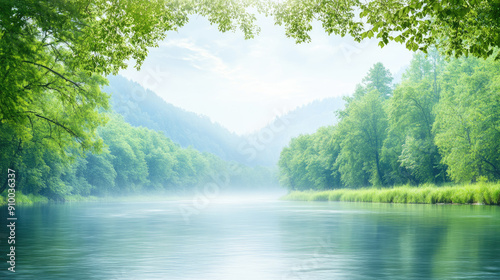 A peaceful river meanders through a lush forest, offering a calming nature scene with ample space for text, perfect for relaxation and inspiration.