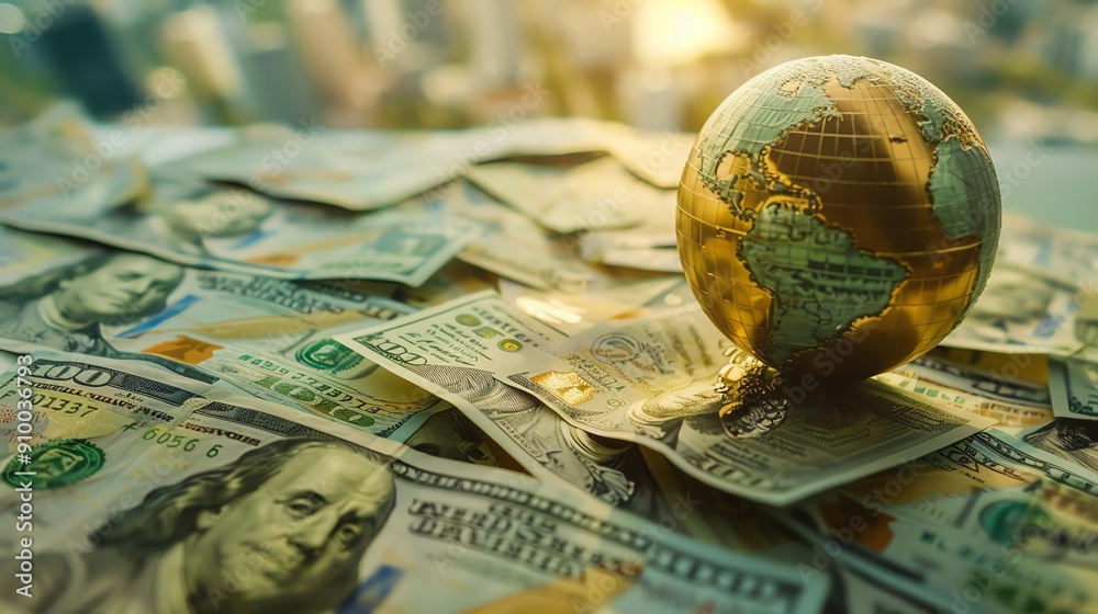 Globe on top of US dollar bills symbolizing global finance, economy, and investment. Sunlight creates a warm atmosphere of wealth and prosperity. Globe on top of US dollar bills symbolizing global finance, economy, and investment. Sunlight creates a warm atmosphere of wealth and prosperity.