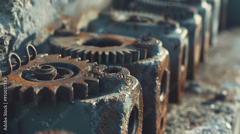 A line of rusty, industrial gears lined up against a wall, showcasing the aged textures and mechanical beauty of the past.