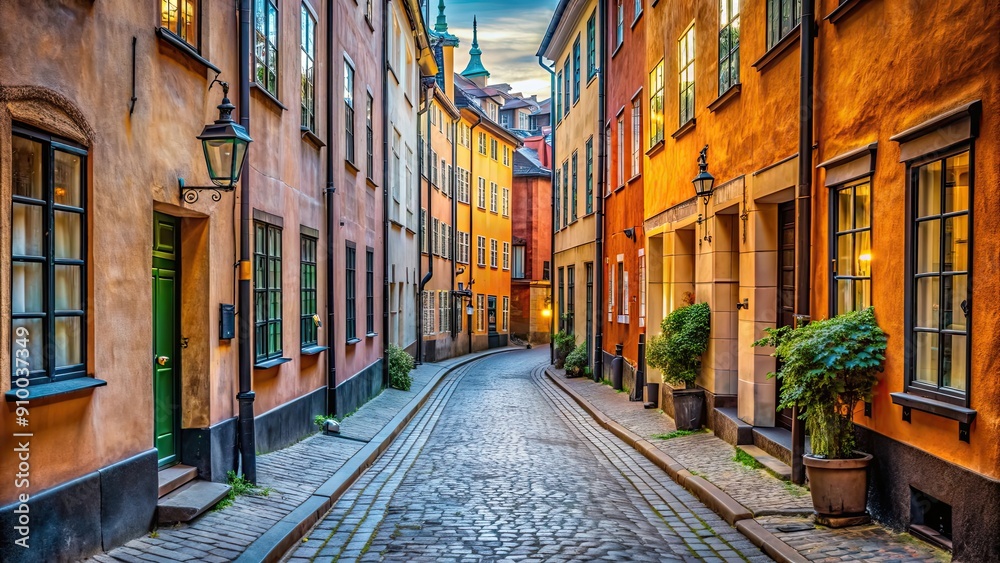 Fototapeta premium Authentic narrow streets of old town of Stockholm, Sweeden, Stockholm, Sweeden, old town, historic, cobblestone