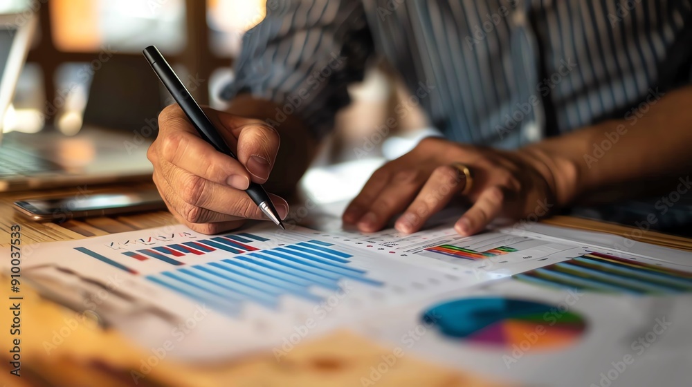 Person analyzing financial graphs and charts with pen on wooden desk, focusing on business data and performance metrics. Person analyzing financial graphs and charts with pen on wooden desk, focusing on business data and performance metrics.