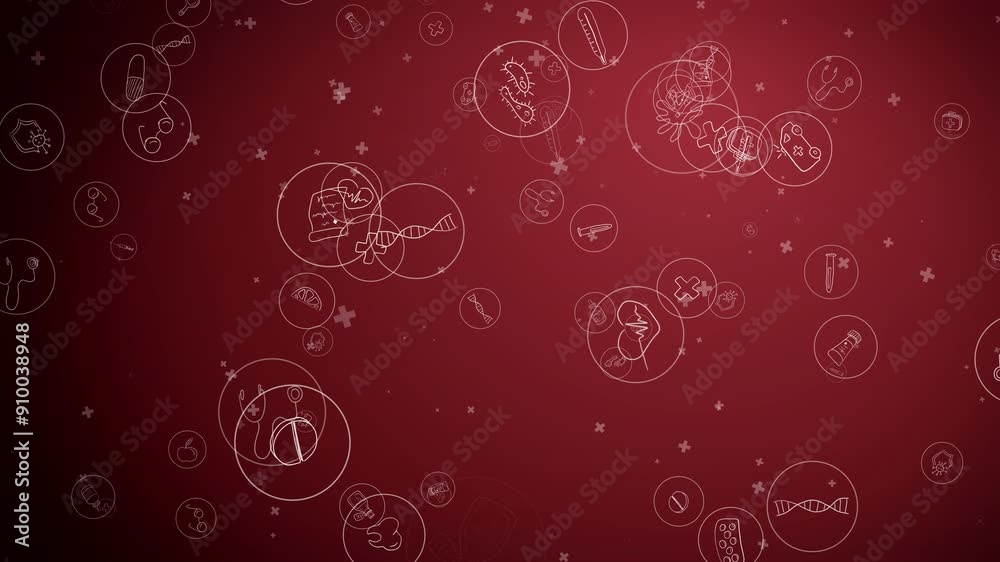 Abstract medical loop red background animation with hand draw icons and symbols. Health care technology, innovation medicine. Abstract medical loop red background animation with hand draw icons and symbols. Health care technology, innovation medicine.