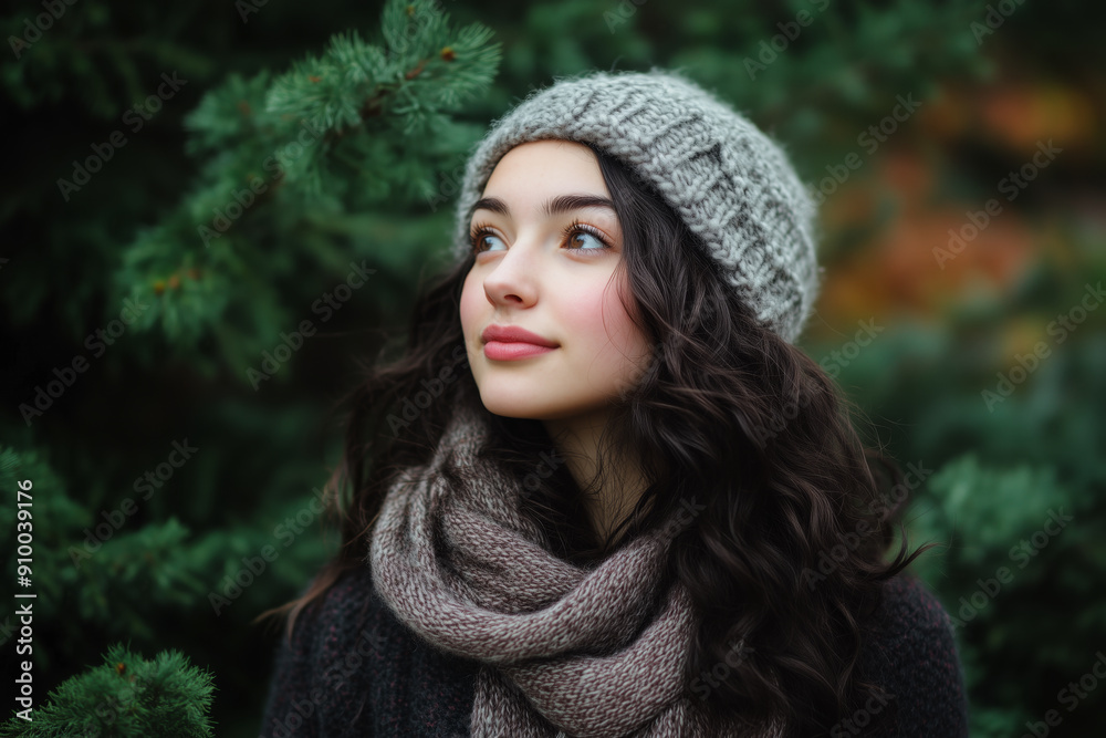Young woman wearing a cozy knit hat and scarf, standing outdoors among evergreen trees Young woman wearing a cozy knit hat and scarf, standing outdoors among evergreen trees