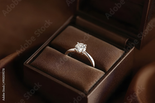 Diamond Ring in Jewelry Gift Box Floated on Brown Background