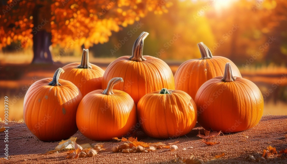 Vibrant Pumpkins Gathered in a Sunlit Field During Autumn Harvest Season