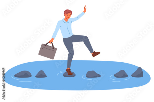 Business man takes risks by crossing river on slippery stones to achieve goals. Entrepreneur moves forward and risks drowning on path to success due to desire for rapid career growth.