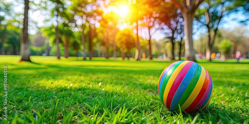 Fototapeta premium A colorful ball laying on green grass in the park , playground, recreation, outdoor, summer, fun, leisure, activity, sports