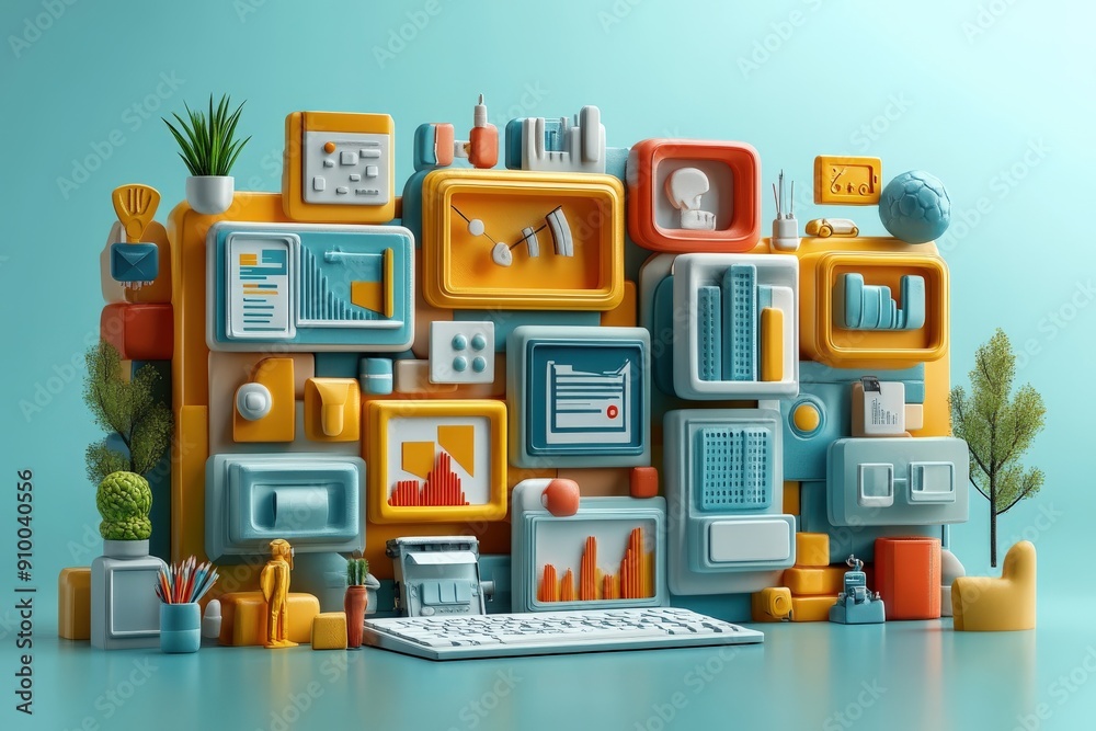 Marketing online with campaign media: A vibrant 3D render illustrating the use of various media channels in online marketing campaigns, featuring multimedia content, campaign planning tools, and Marketing online with campaign media: A vibrant 3D render illustrating the use of various media channels in online marketing campaigns, featuring multimedia content, campaign planning tools, and