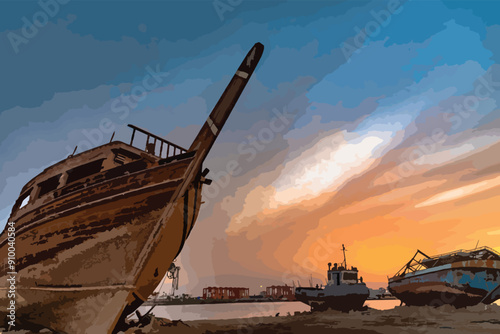 Illustration art file of an old wooden shipwreck and the sunset colors