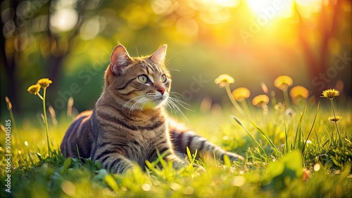 Cat enjoying the sun on a lush meadow, cat, animal, nature, outdoor, fluffy, sunny, grass, field, pet, relaxation, peaceful, happy