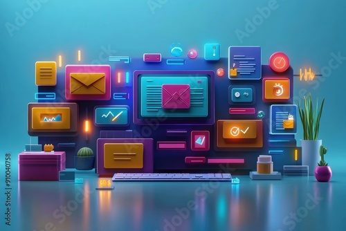 Marketing online with email conversion: A detailed 3D render showing email strategies to convert leads into customers, with elements like conversion tracking, sales funnels, and call-to-action