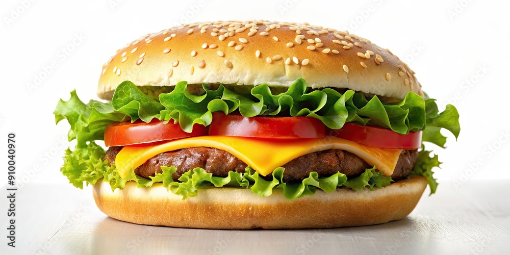 Classic hamburger with beef patty, lettuce, tomato, and cheese on a sesame seed bun, food, fast food, burger, cheeseburger Classic hamburger with beef patty, lettuce, tomato, and cheese on a sesame seed bun, food, fast food, burger, cheeseburger