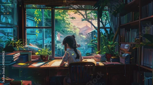 Anime girl writing in a book on a table by the window on a sunny day, creating a bright and focused study scene
  Seamless looping 4k time-lapse virtual video animation Generated AI
