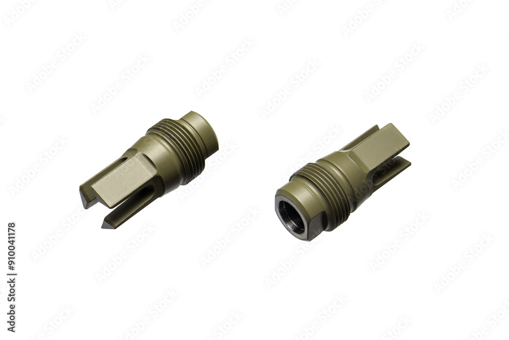 Muzzle brake compensator. Device for compensating for barrel toss. Isolate on a white back. Muzzle brake compensator. Device for compensating for barrel toss. Isolate on a white back.