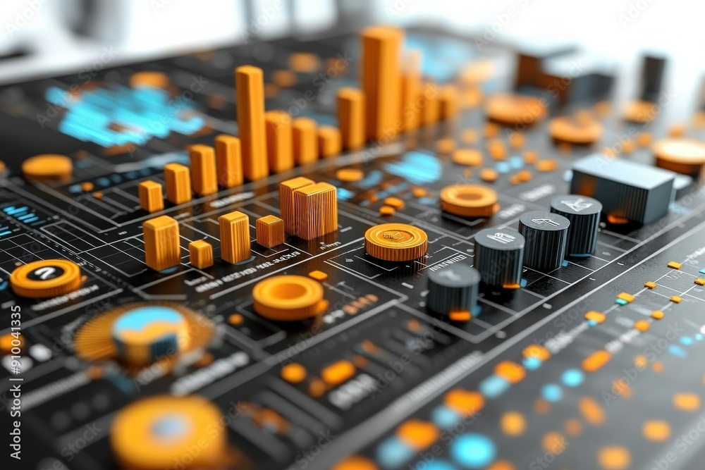 Marketing online with analytics optimization: A 3D render of analytics optimization tools, featuring performance dashboards, A/B testing, and data-driven decision-making, representing the continuous Marketing online with analytics optimization: A 3D render of analytics optimization tools, featuring performance dashboards, A/B testing, and data-driven decision-making, representing the continuous