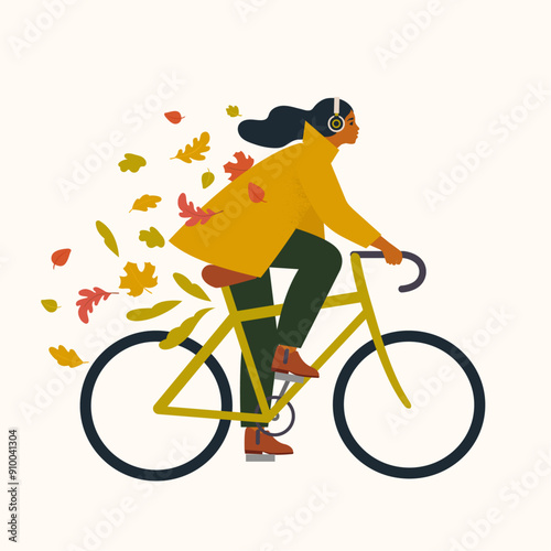 Healthy lifestyle, sport, outdoor activity concept. Fitness sport exercises. Person riding bicycle listen to music. Hello Autumn. Autumn mood. Vector illustration.