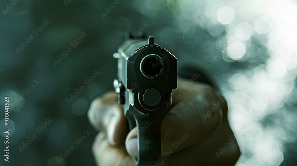 A hand is pointing a gun directly at the viewer with a blurred background, creating a dramatic and intense focus on the weapon. A hand is pointing a gun directly at the viewer with a blurred background, creating a dramatic and intense focus on the weapon.