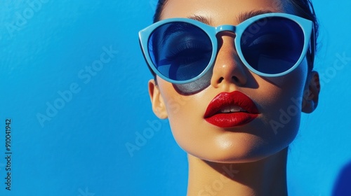 Fashionable person with glasses on a blue backdrop