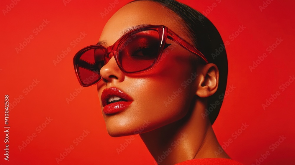 Woman in sleek outfit poses against vivid red background Woman in sleek outfit poses against vivid red background