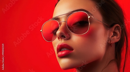 Stylish person in aviator sunglasses against red cover