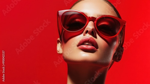 Person with large sunglasses in red background image