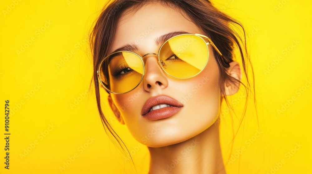 Woman with untidy hair and fancy sunglasses, yellow wall Woman with untidy hair and fancy sunglasses, yellow wall